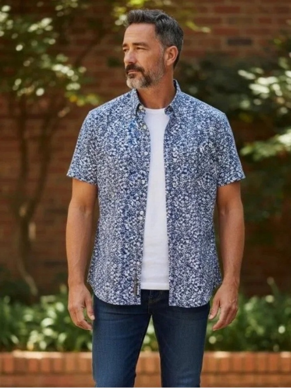 J.Crew Blue & White Floral Short Sleeve Button Down Slim Flex Washed Shirt L